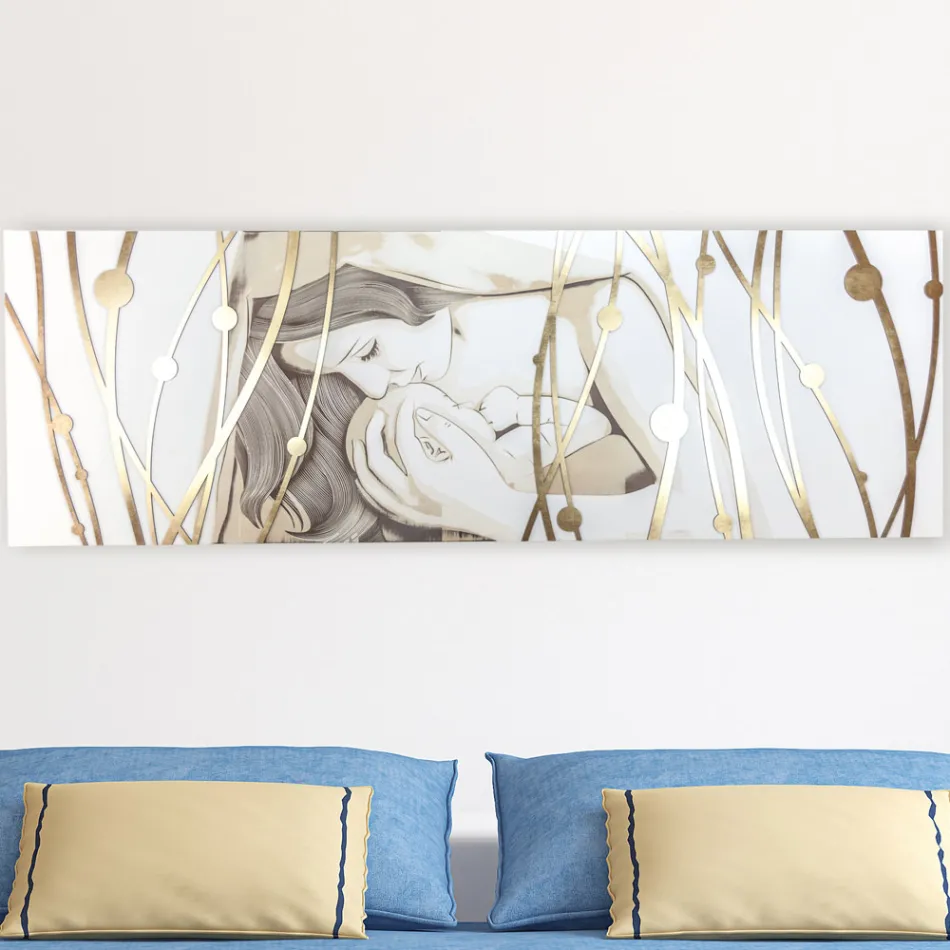 Rechthoekig schilderij gemaakt met laser met godin en kind gemaakt in Italië - Nagi Viadurini