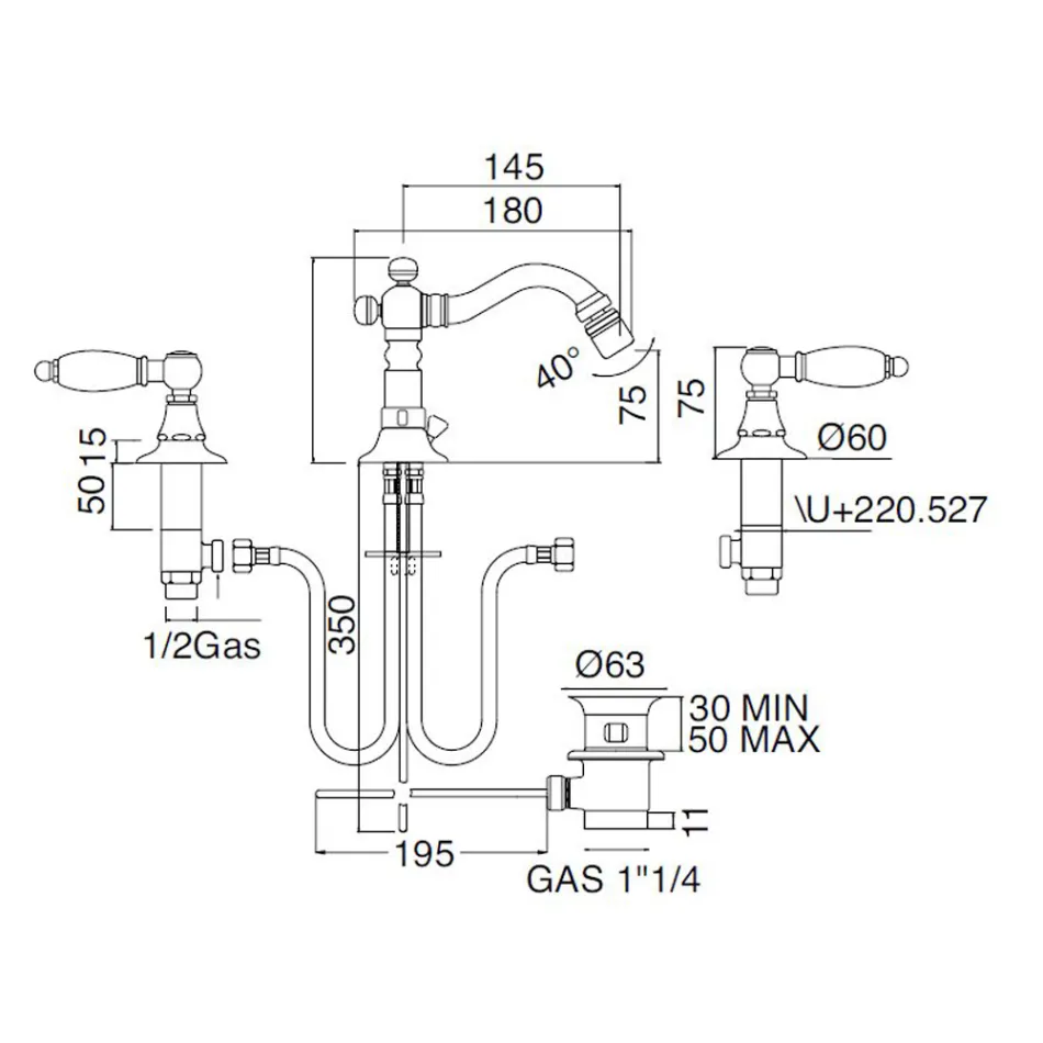 Klassieke 3-gats bidetkraan met koperen hendels Made in Italy - Noriana Viadurini