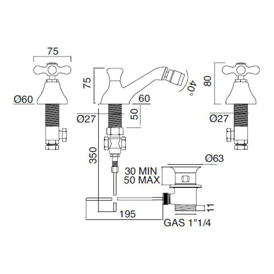 Klassieke 3-gats bidetkraan met messing afval Made in Italy - Ercolina Viadurini