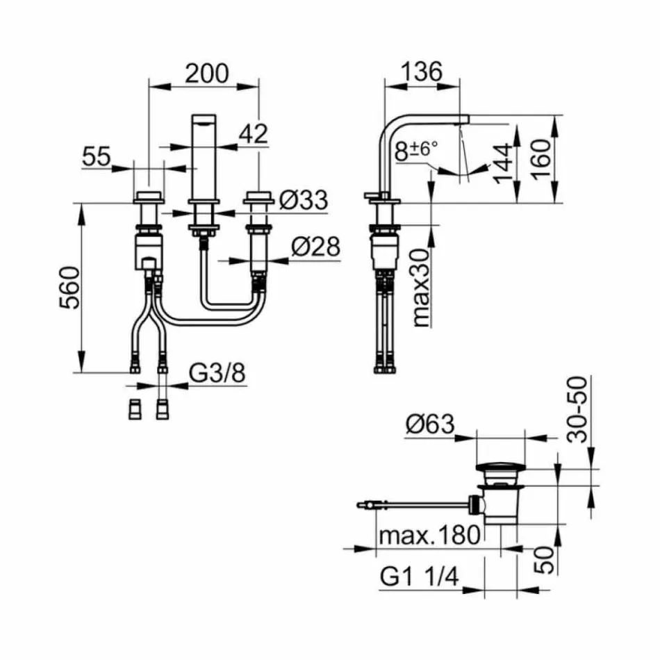 Modern Design Wastafelmengkraan met 3 Metalen Gaten - Etto Viadurini