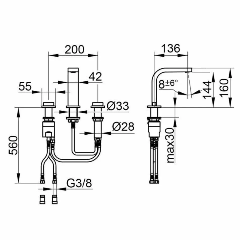 Modern Design Wastafelmengkraan met 3 Metalen Gaten - Etto Viadurini