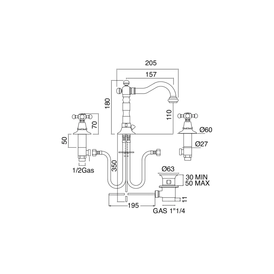 Vintage design wastafelkraan met 3 gaten in messing, gemaakt in Italië - Ursula Viadurini