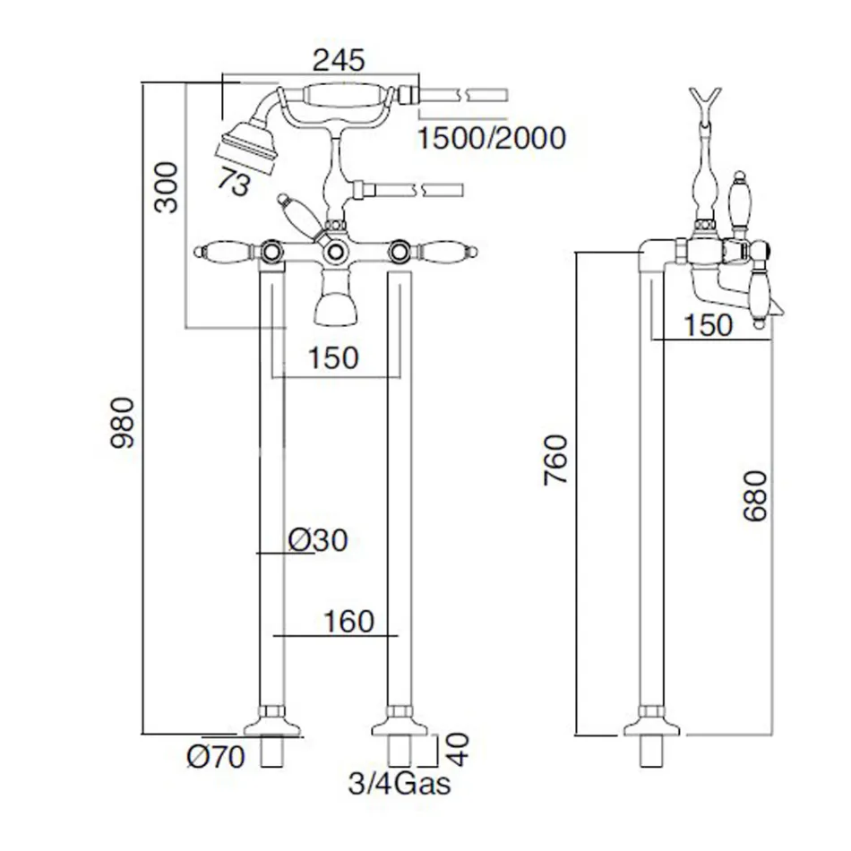 Staande Badkraan met Messing Handdouche Made in Italy - Noriana Viadurini
