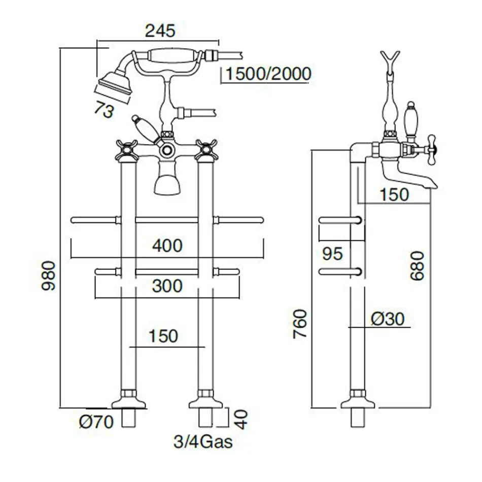 Klassiek messing staande badkraan met handdouche - Fioretta Viadurini