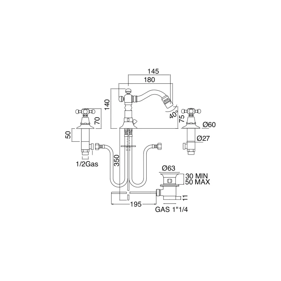 Vintage 3-gats bidetkraan in vintage messing gemaakt in Italië - Ursula Viadurini
