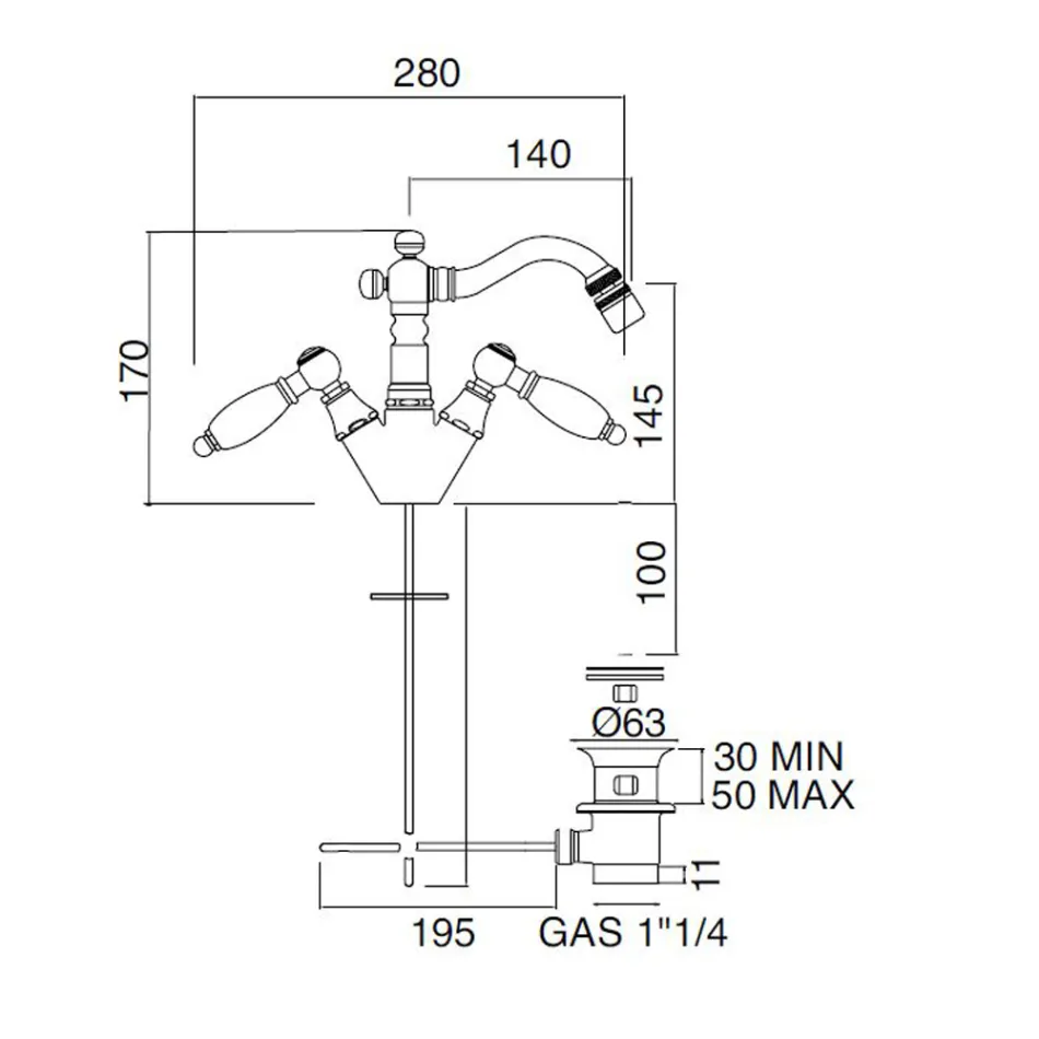 Klassieke bidetkraan met één gat en handgemaakte koperen hendels - Noriana Viadurini