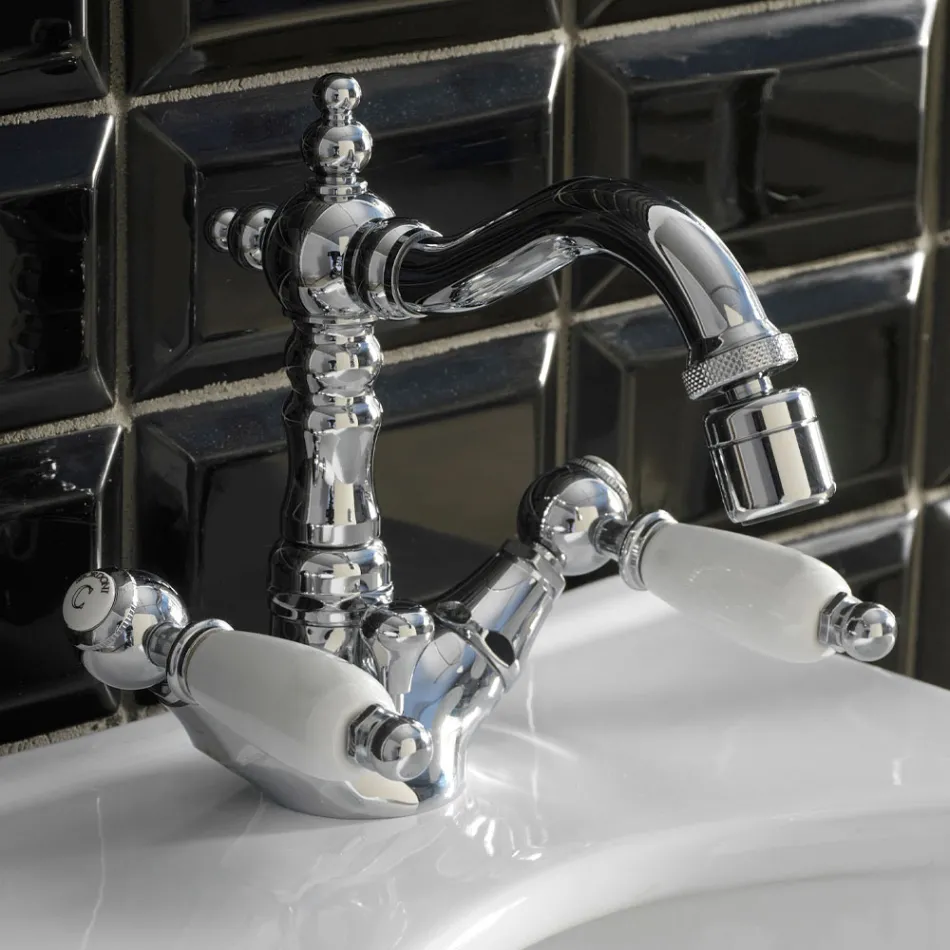 Klassieke bidetkraan met één gat en handgemaakte koperen hendels - Noriana Viadurini