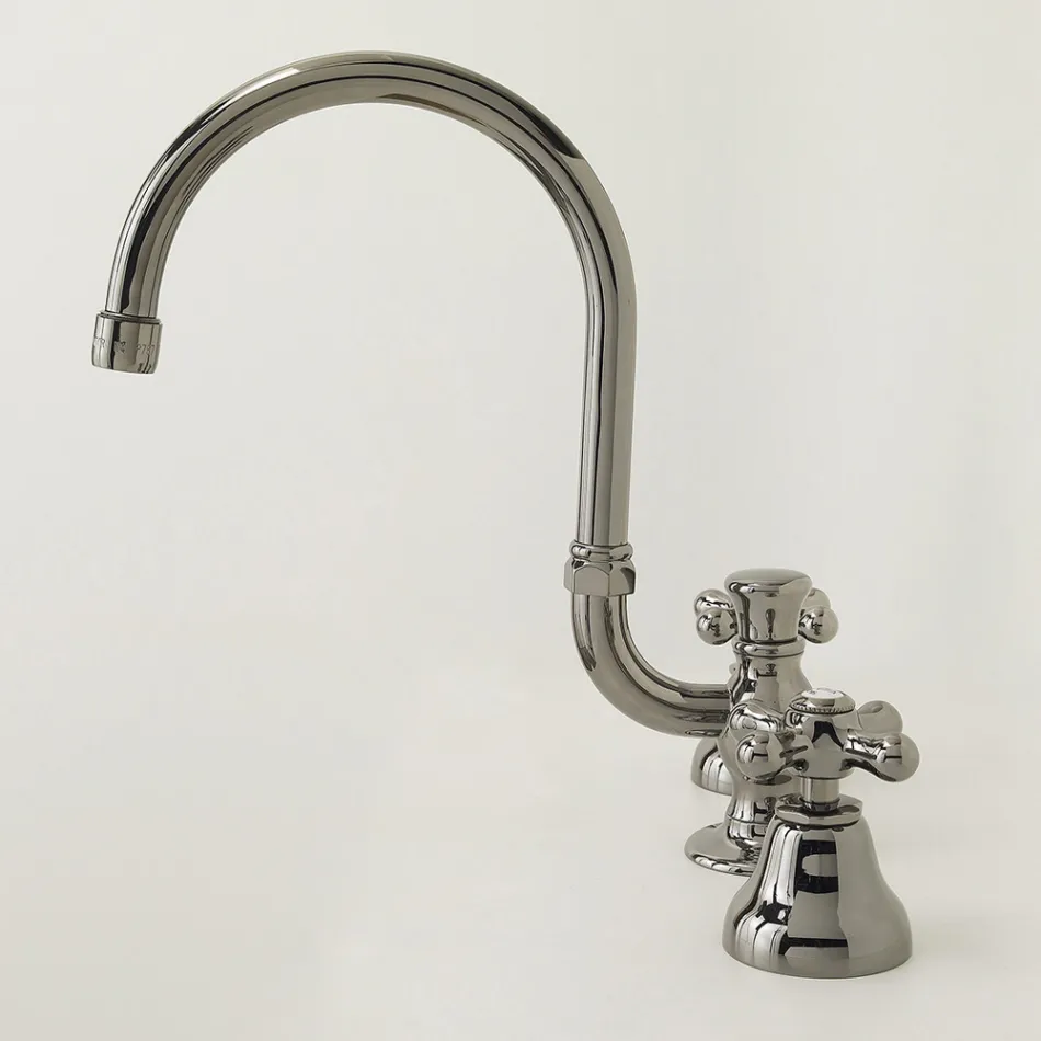 3-gats wastafelkraan in messing met hoge uitloop en afvoer - Ercolina Viadurini