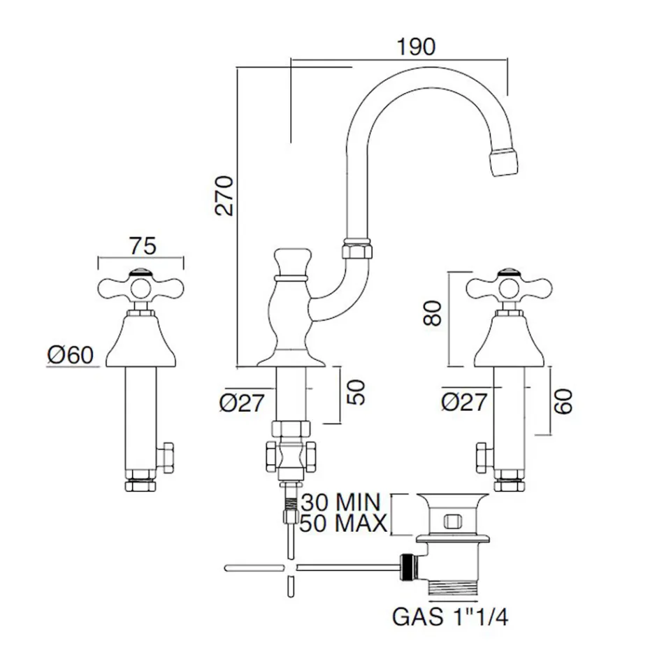 3-gats wastafelkraan in messing met hoge uitloop en afvoer - Ercolina Viadurini