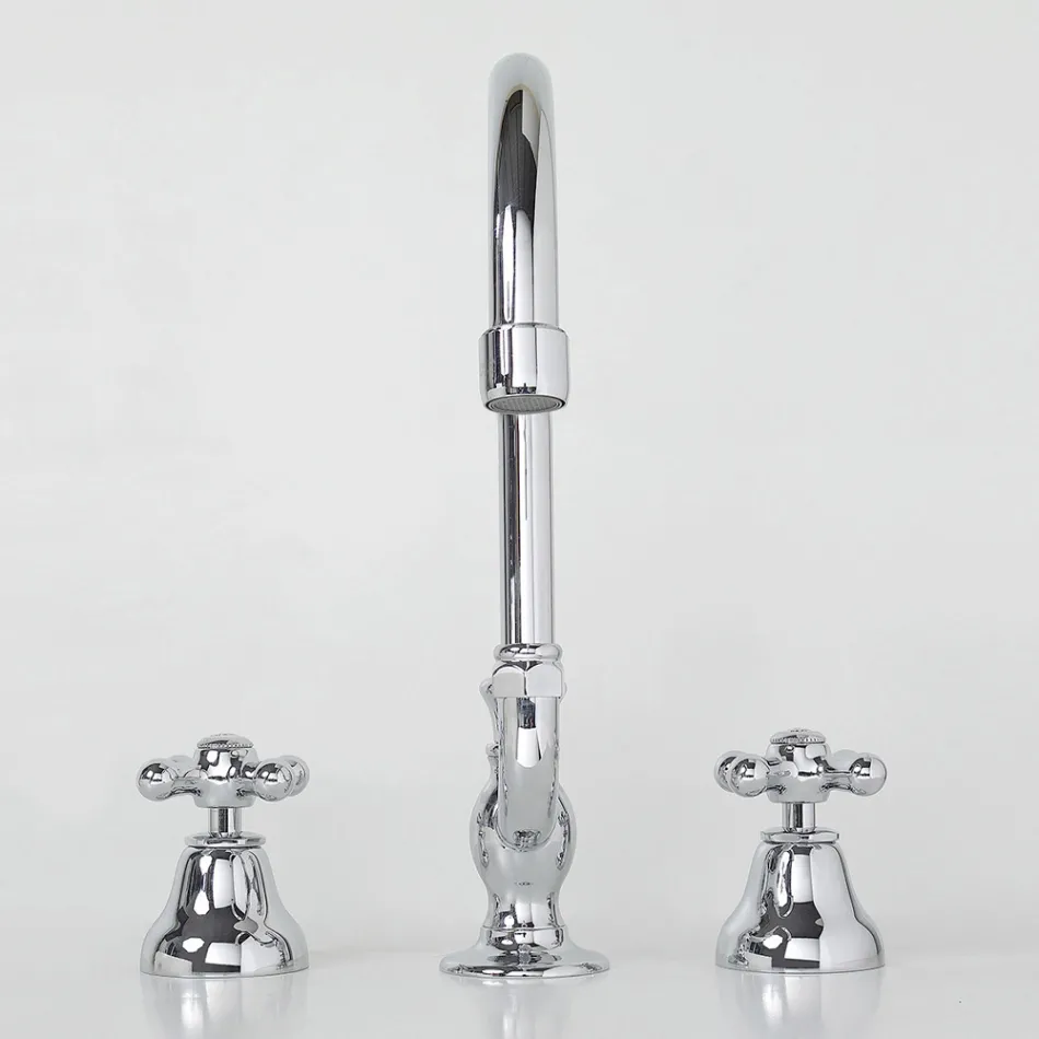 3-gats wastafelkraan in messing met hoge uitloop en afvoer - Ercolina Viadurini