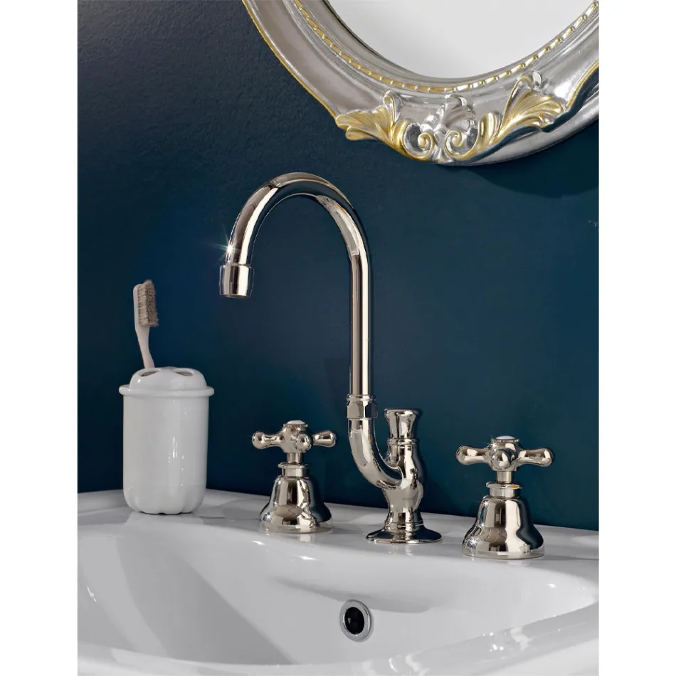 3-gats wastafelkraan in messing met hoge uitloop en afvoer - Ercolina Viadurini