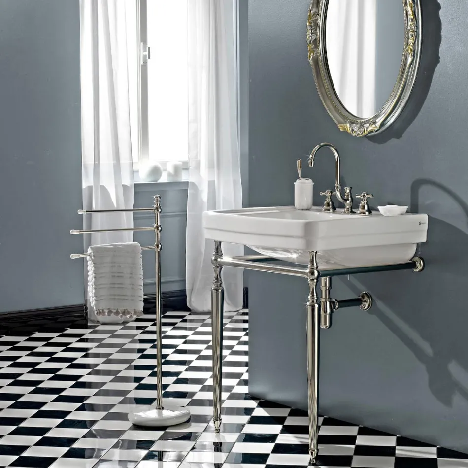 3-gats wastafelkraan in messing met hoge uitloop en afvoer - Ercolina Viadurini