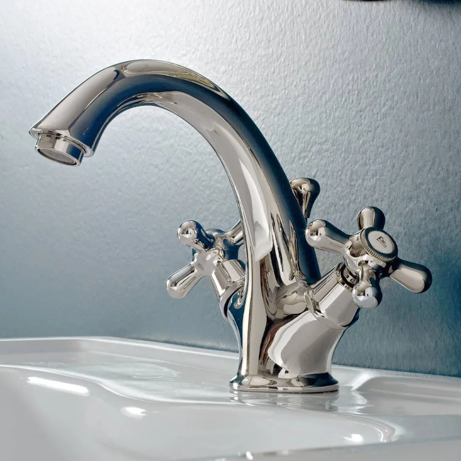 Eéngats wastafelkraan in messing met klassieke afvoer - Ercolina Viadurini