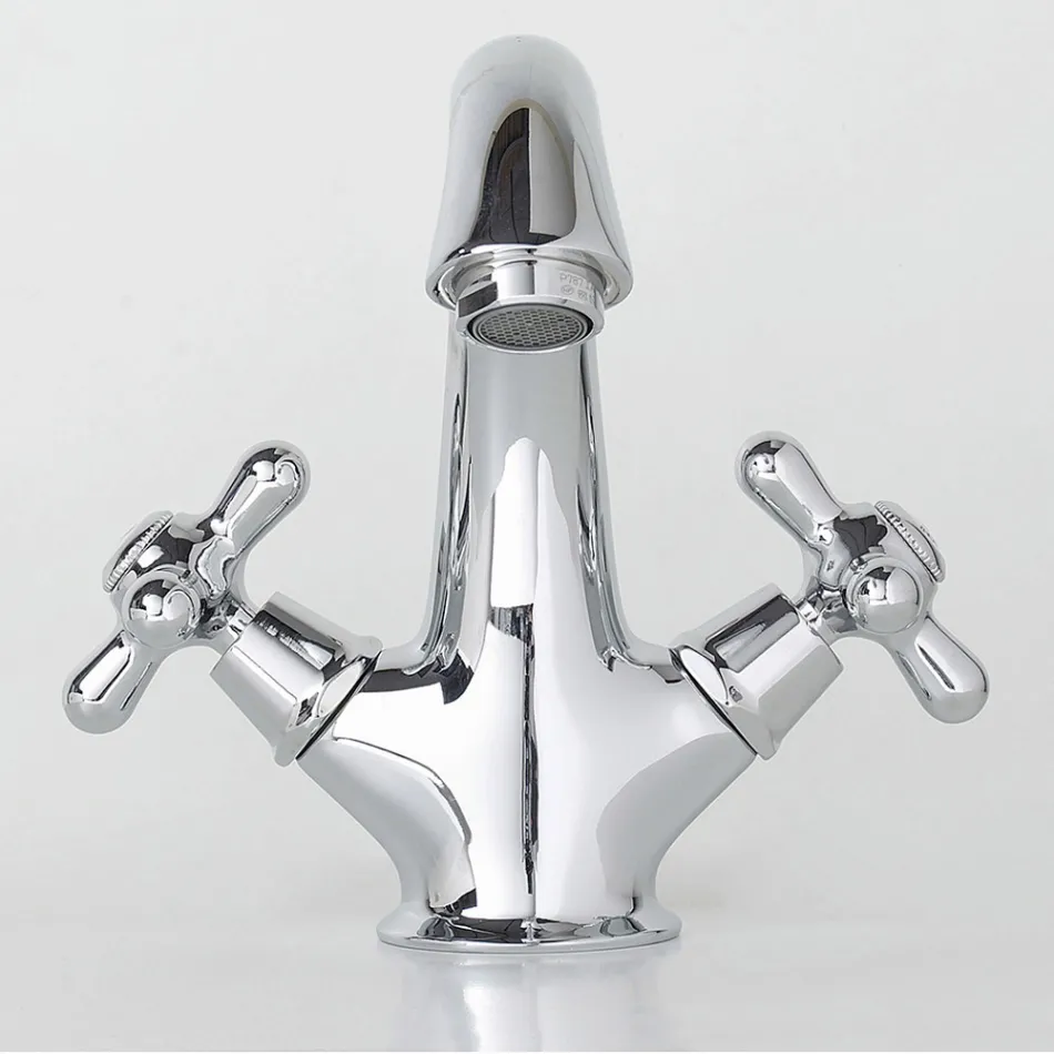 Eéngats wastafelkraan in messing met klassieke afvoer - Ercolina Viadurini