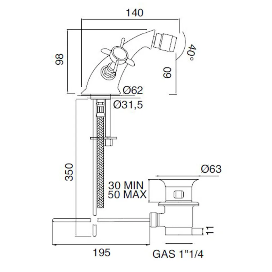 Klassieke bidetkraan met één gat in messing en vlinderhandgrepen - Miriano Viadurini