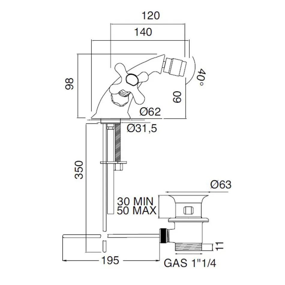 Messing bidetkraan met één gat en klassieke afvoer - Ercolina Viadurini