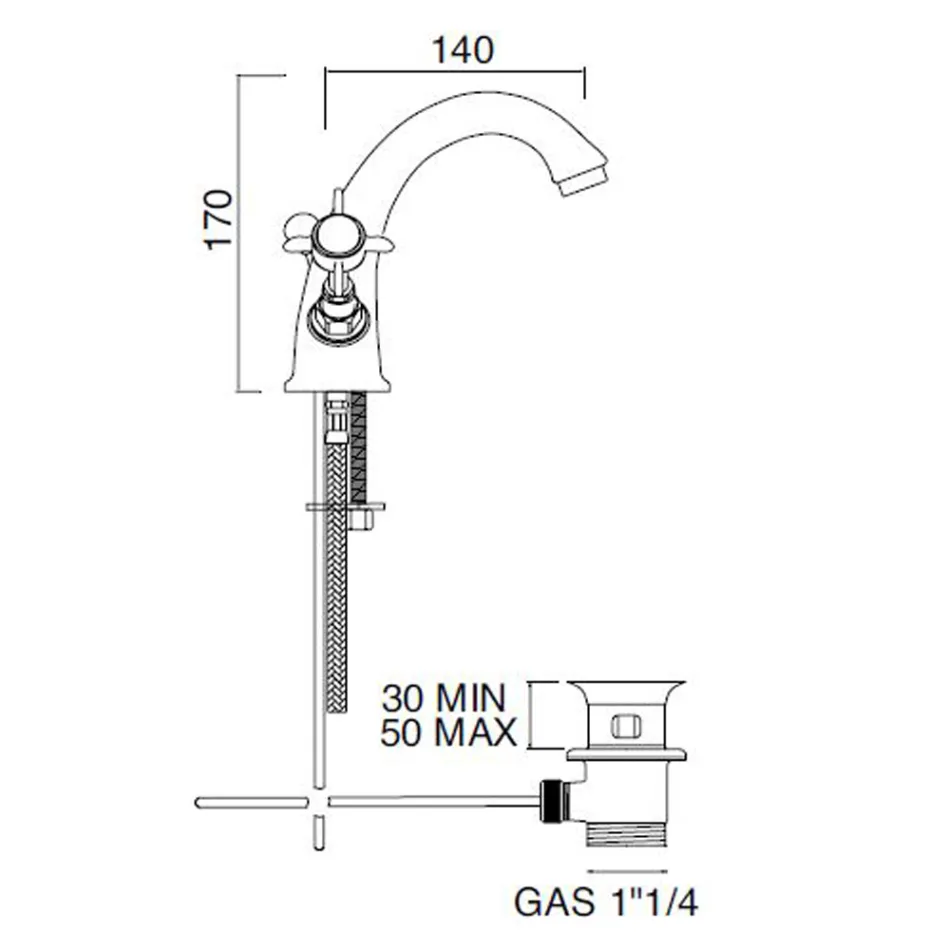 Klassieke wastafelkraan met één gat in messing en vlinderhandgrepen - Miriano Viadurini