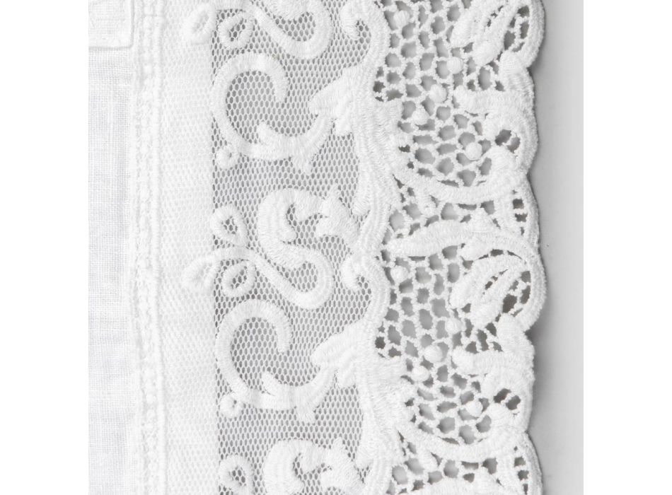 Tafelloper van wit zwaar linnen met Italiaans luxe tule kant - Eucaro Viadurini