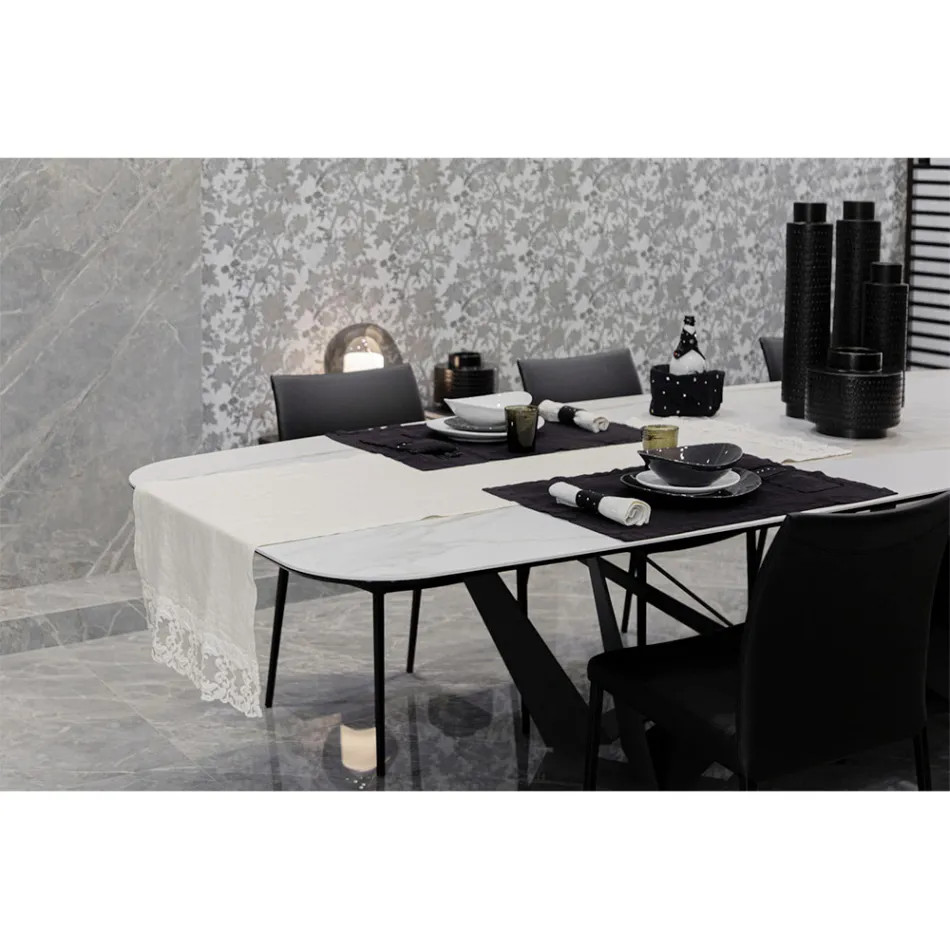 Linnen tafelloper met wit kant Italiaanse luxe kwaliteit - Farnese Viadurini