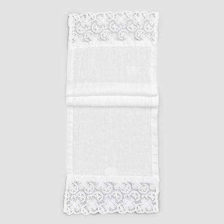 Zware witte linnen loper met gehaakt kant aan luxe zijden - Giangi Viadurini