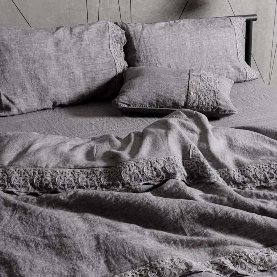 Linnen dekbedovertrek opbergtas met Sinergia kant en knopen - Energis Viadurini