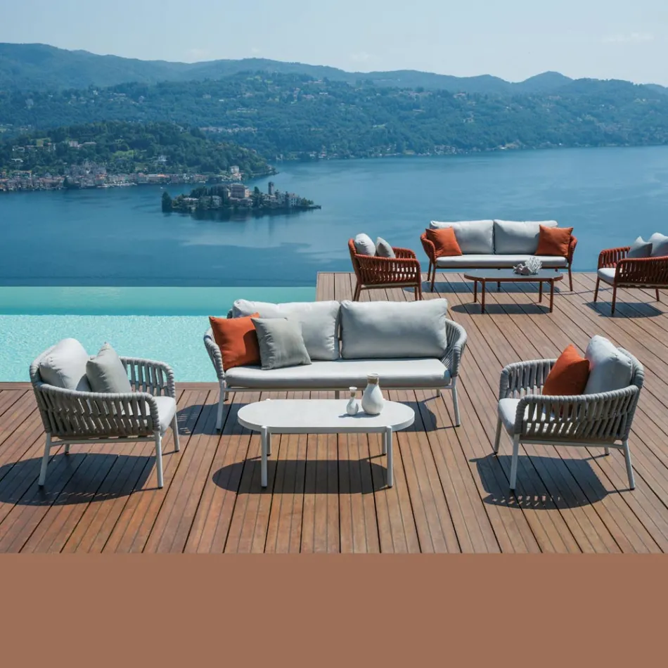 Tuinlounge van aluminium en touw met salontafel - Dingo Viadurini