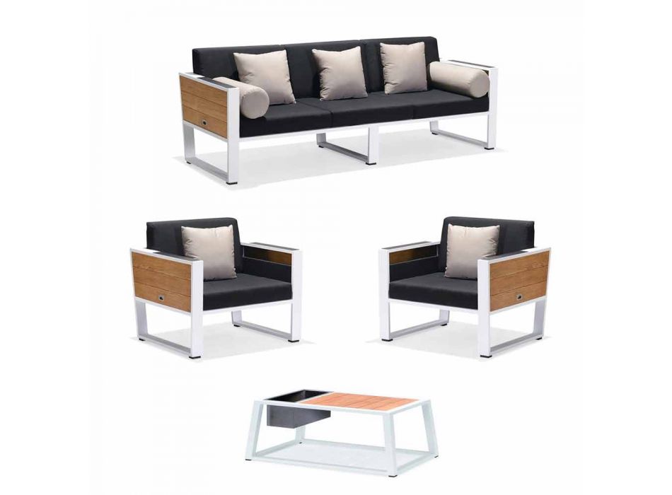 Outdoor lounge aluminium en teak 3-zits bank, 2 fauteuils en salontafel - Hatice Viadurini