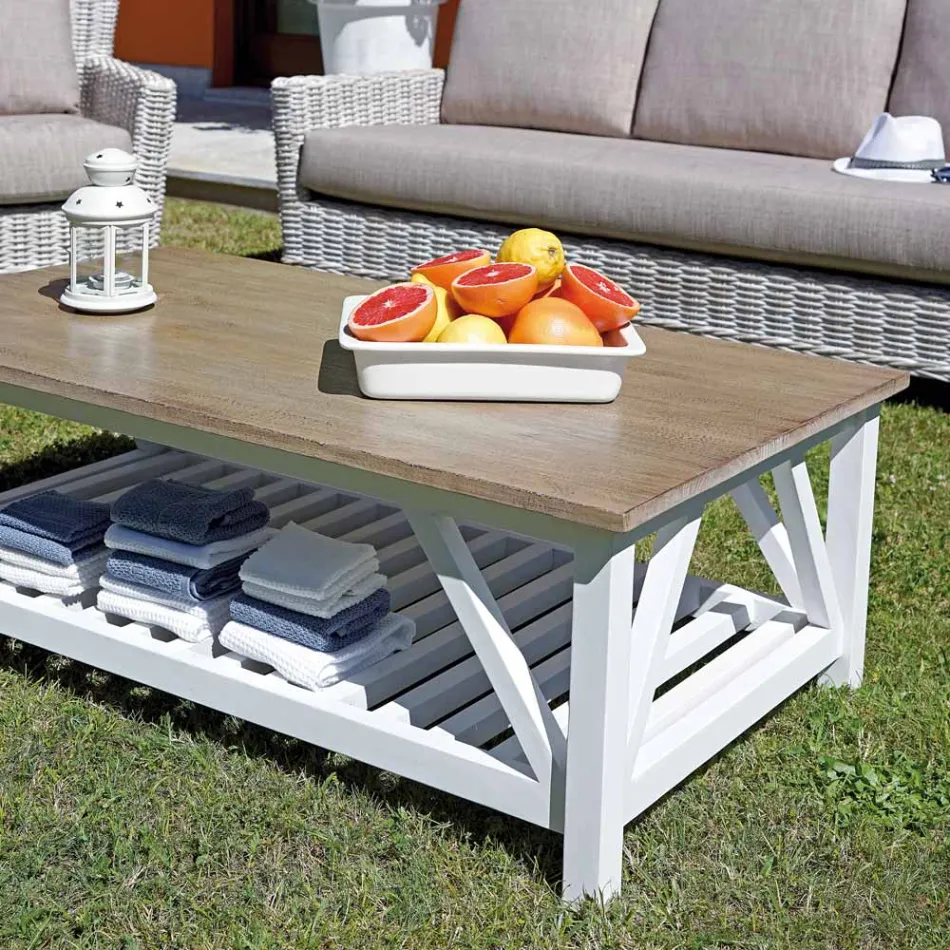 Buitenlounge met salontafel van mangohout en kussens van polykatoen - Orlanda Viadurini