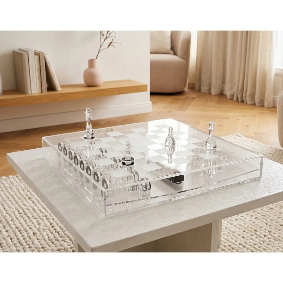 Transparant plexiglas schaakbord met lade, gemaakt in Italië - Miriam Viadurini