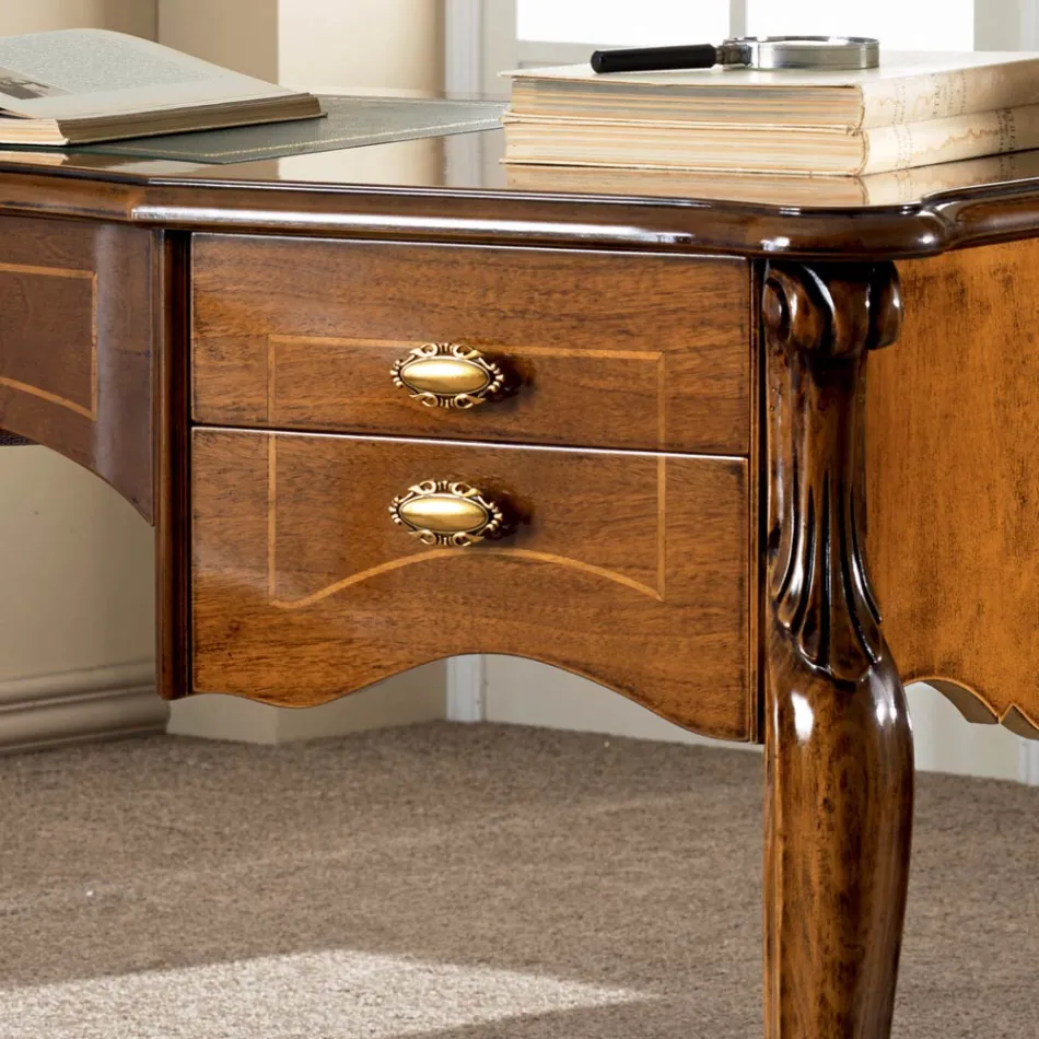 Klassiek bureau 5 lades in hout en ecoleer Made in Italy - Commodo Viadurini