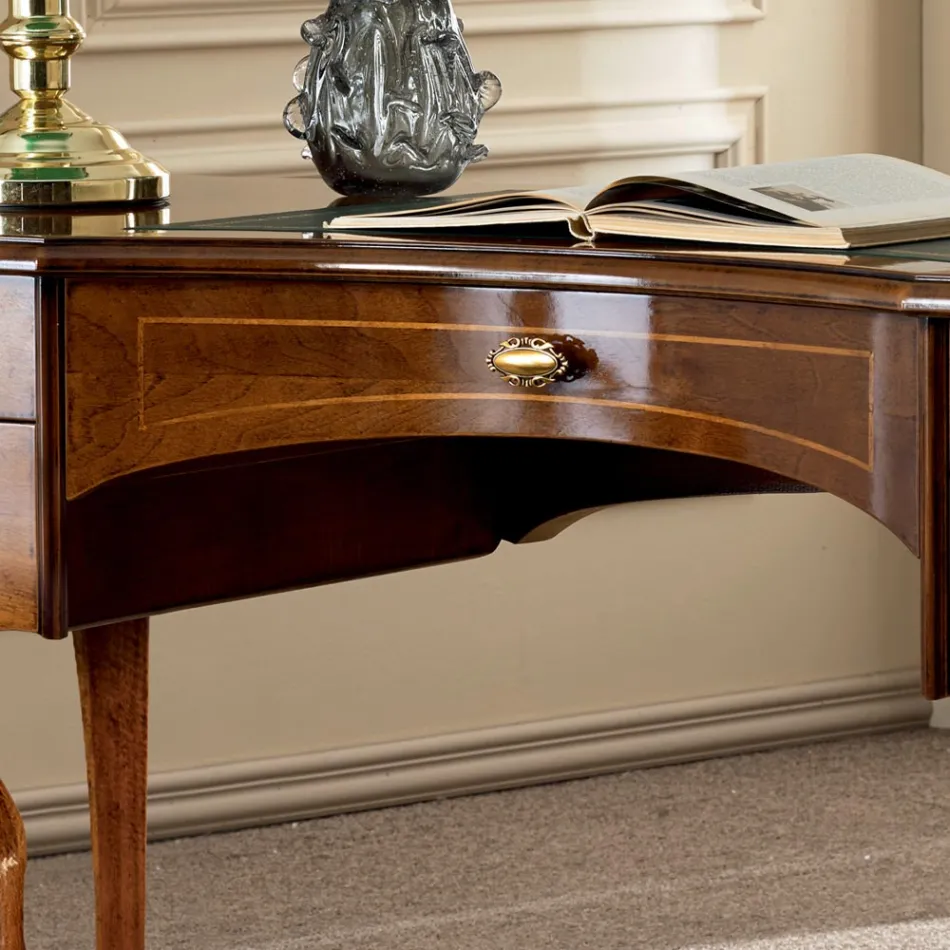 Klassiek bureau 5 lades in hout en ecoleer Made in Italy - Commodo Viadurini