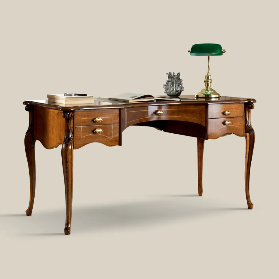 Klassiek bureau 5 lades in hout en ecoleer Made in Italy - Commodo Viadurini