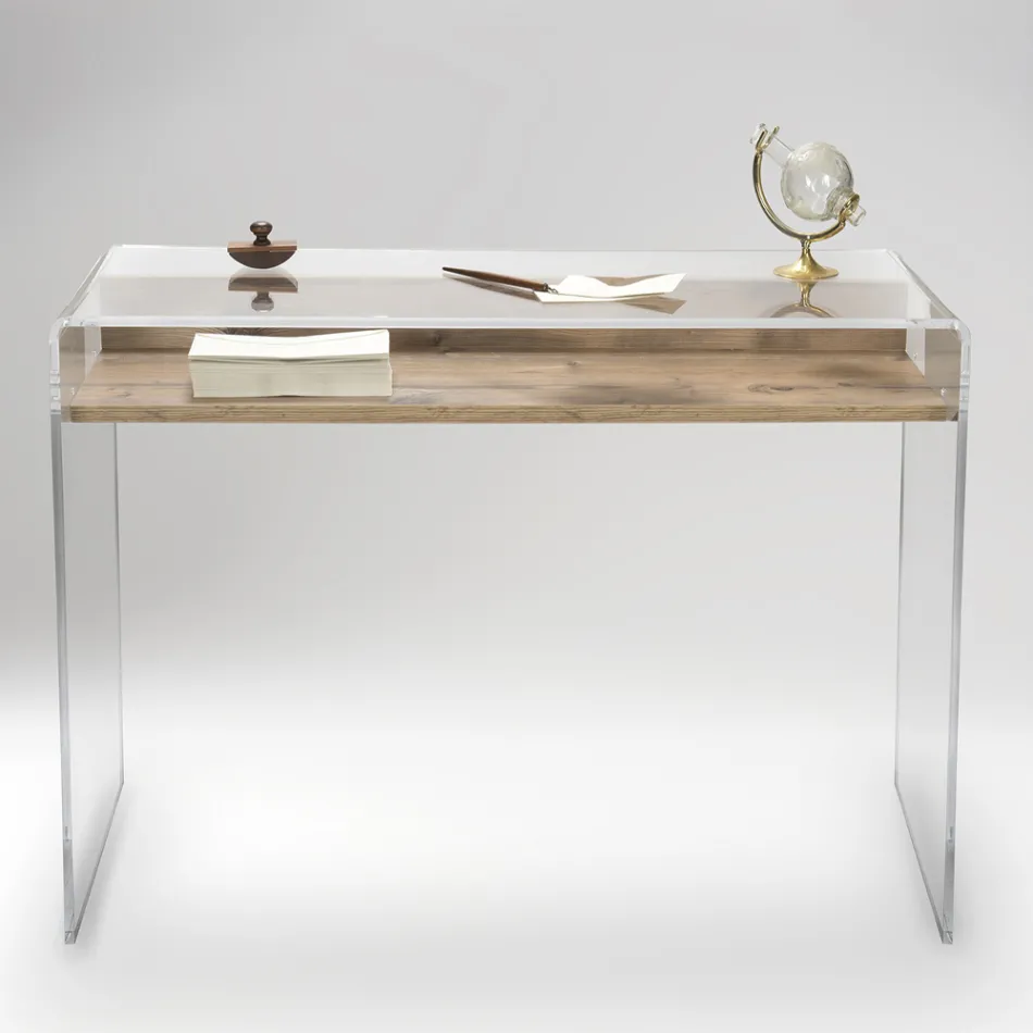 Transparant plexiglas bureau met design houten plank - Carducci Viadurini