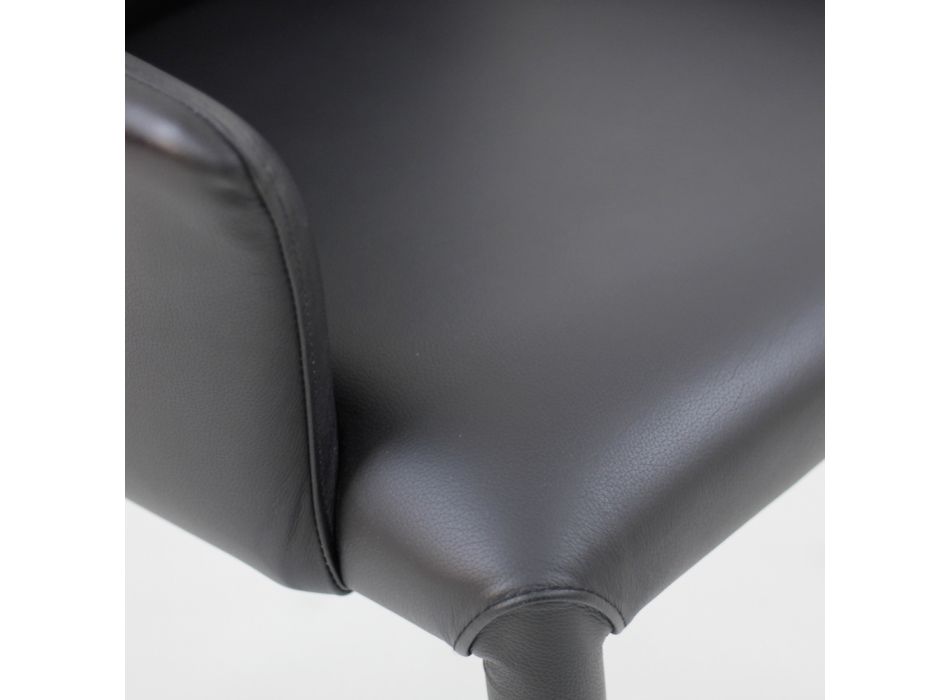 Eetkamerstoel met armleuningen bekleed met zwart leer Made in Italy - Meyer Viadurini