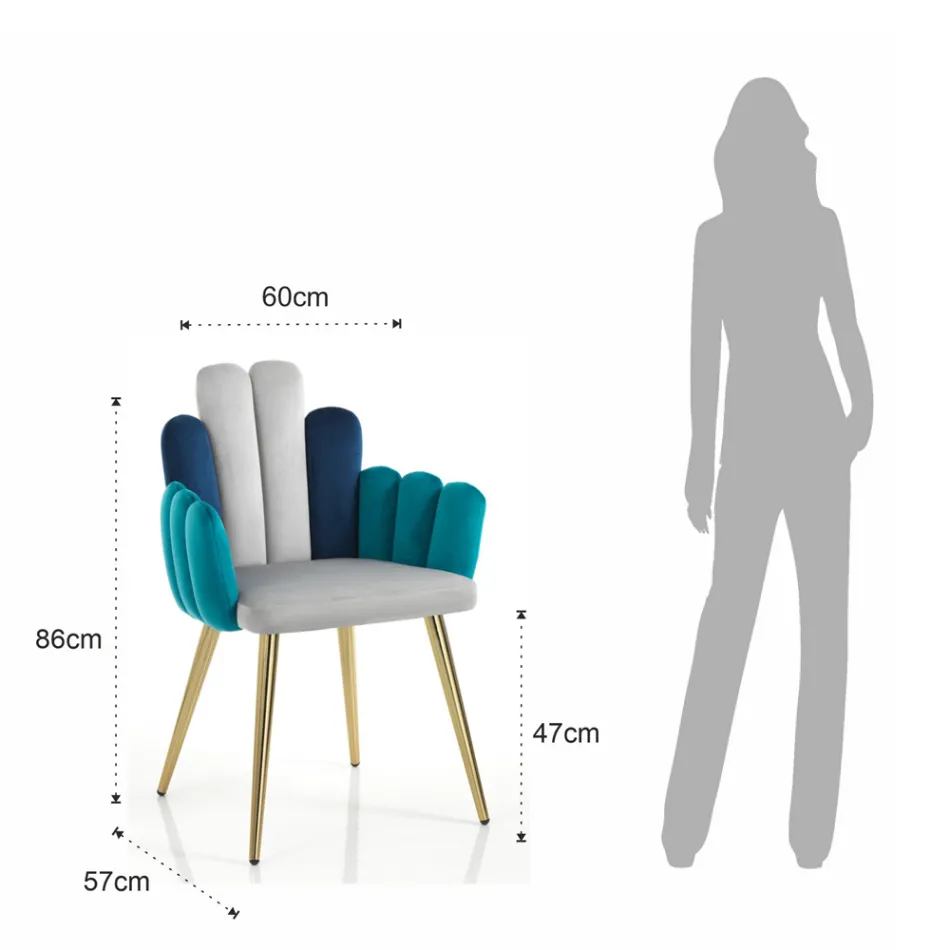 Stoel in grijze, groene en blauwe stof met fluweeleffect - Watermeloen Viadurini