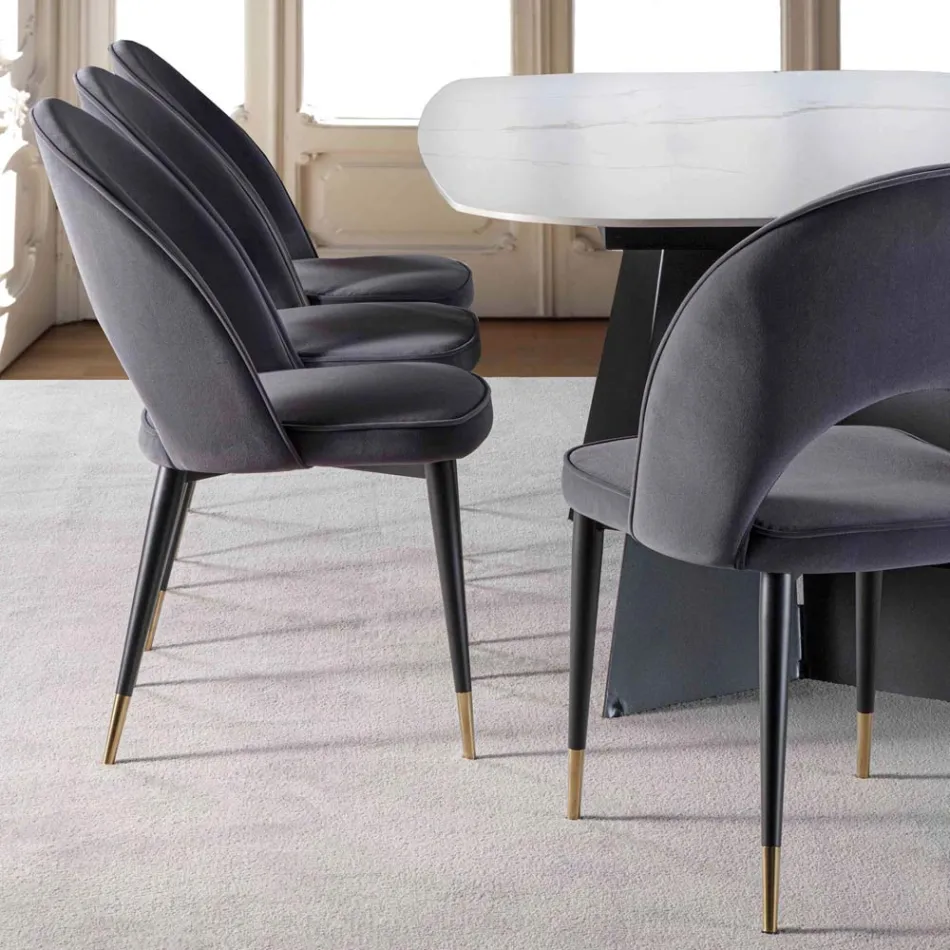 Fluwelen stoel met poten van zwart metaal en satijn messing, 4 stuks - Sibea Viadurini