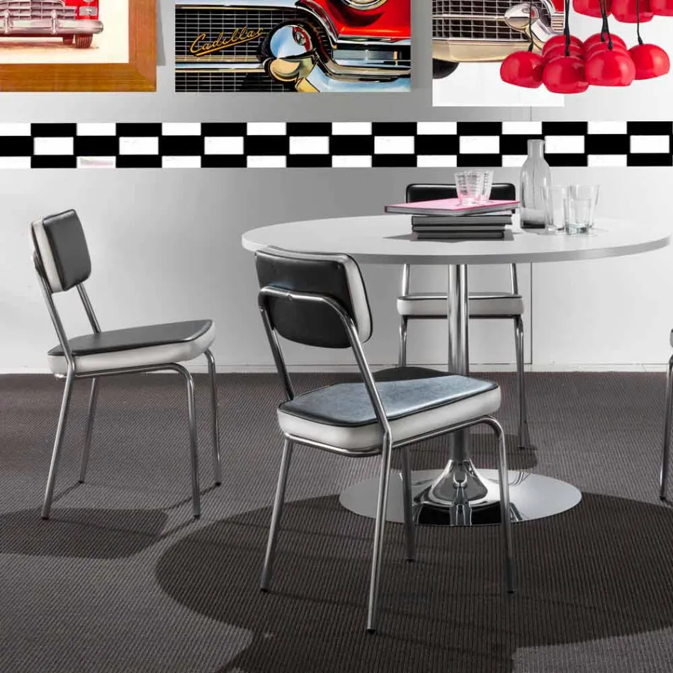 50's stijl stoel in graffiti kunstleer en Unica witte rand Viadurini