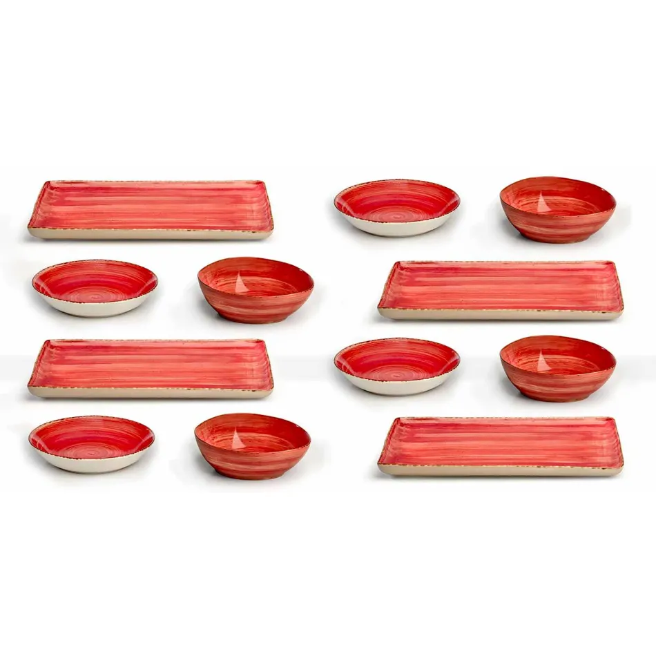 Service 12 rechthoekige en ronde gekleurde platen Modern design in steengoed - Simba Viadurini