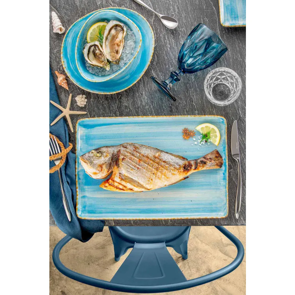 Set van 8 moderne rechthoekige designplaten en gekleurde steengoedkom - Simba Viadurini