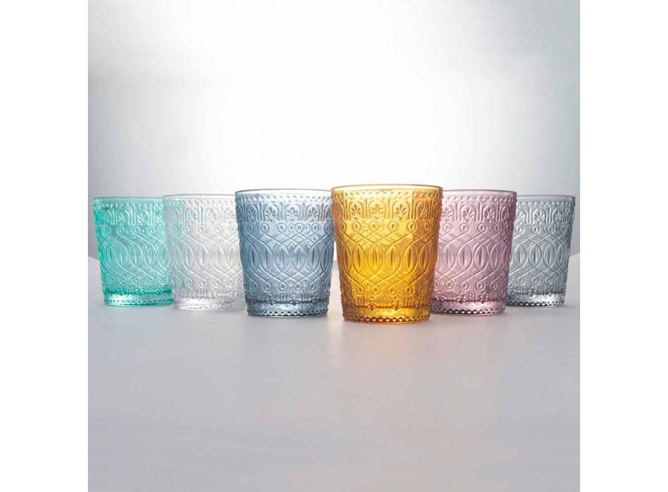 Gekleurd en gedecoreerd glazen waterglazen servies, 12 stuks - Pizzotto Viadurini