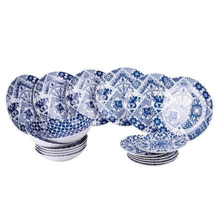Servies van 18 wit en blauw gekleurde porseleinen borden - Wieder Viadurini