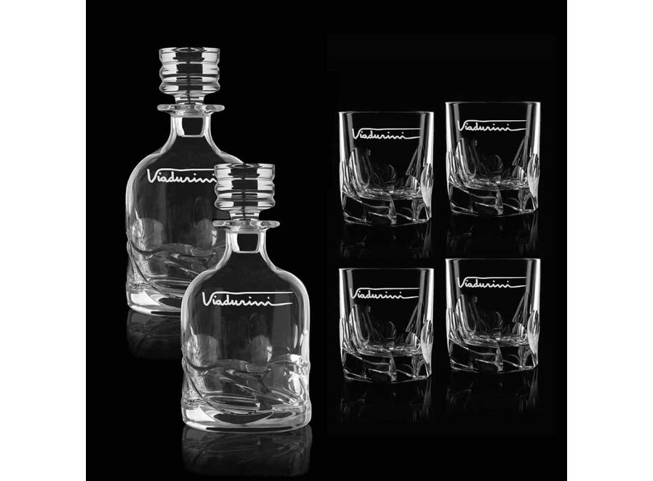 Whisky Set 2 Flessen en 4 Glazen in Ecologisch Kristal - Titanium Viadurini