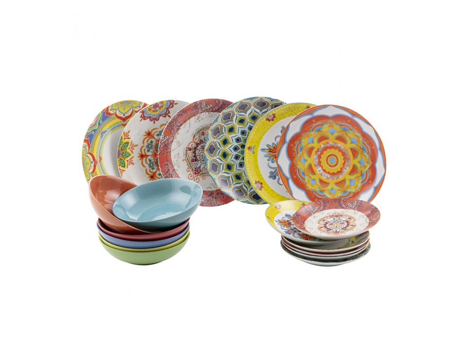 Etnisch gekleurd porselein en aardewerk servies servies 18 stuks - Ibizia Viadurini