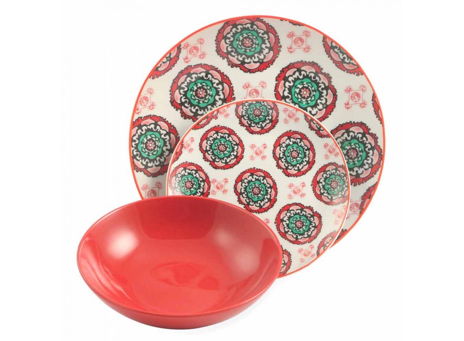 Set moderne etnische gekleurde borden in porselein en aardewerk 18 stuks - Istanbul Viadurini