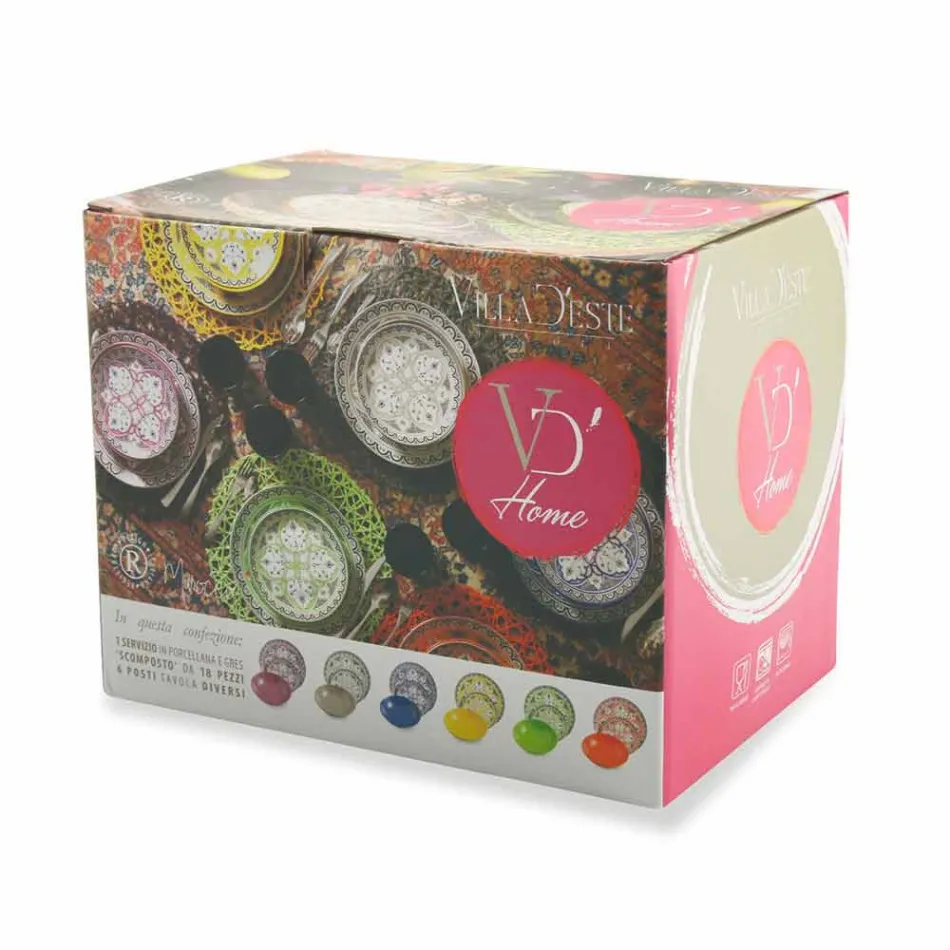 Servies voor etnische gerechten in porselein en gekleurd en modern aardewerk 18 stuks - Fez Viadurini