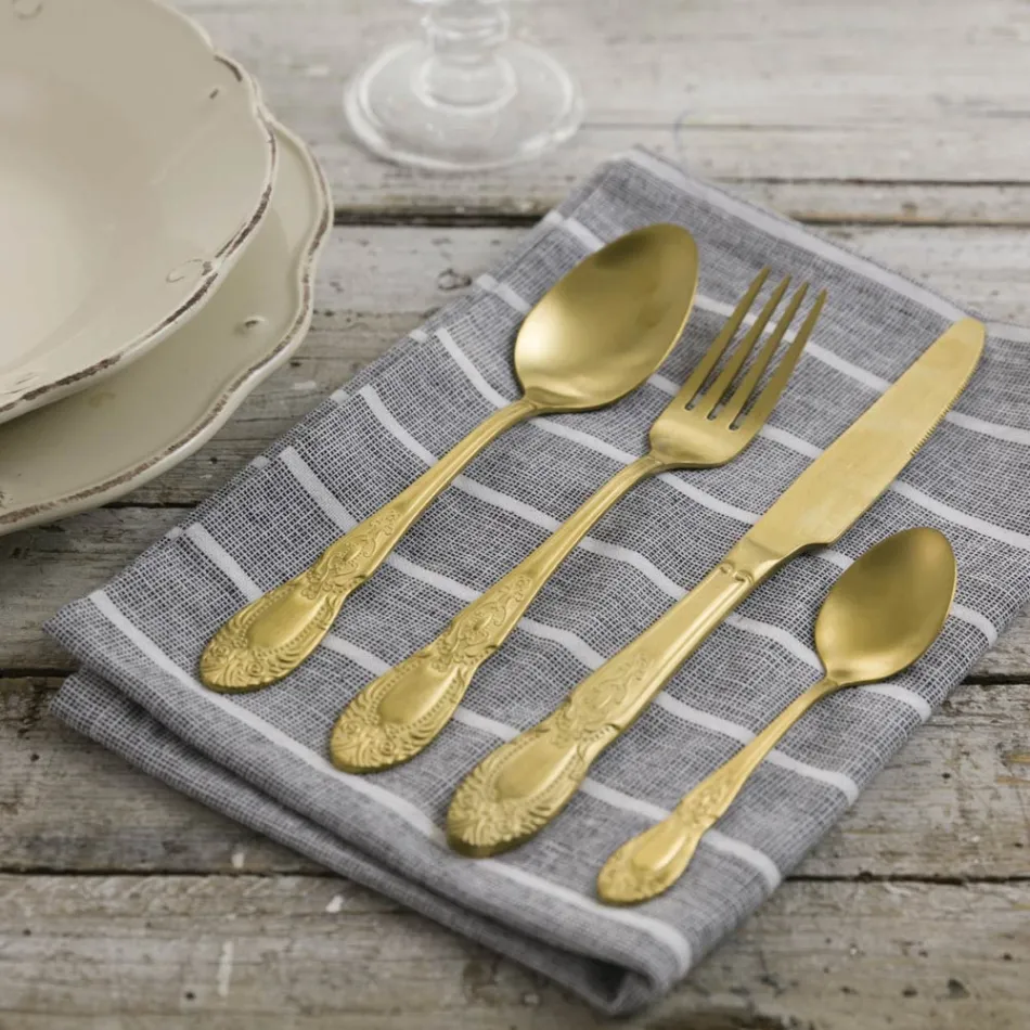 Zwart of Goud Satijnstalen Bestekset Compleet 24 Delig - Fantasy Viadurini