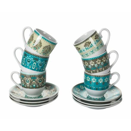 Koffiekop en schotel set gekleurd porselein gedecoreerd 12 stuks - Perzië Viadurini