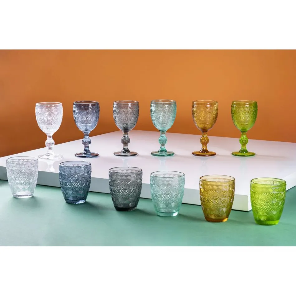 Set van 12 waterglazen 300 ml in gekleurd glas en reliëfwerk - Zeemeermin Viadurini