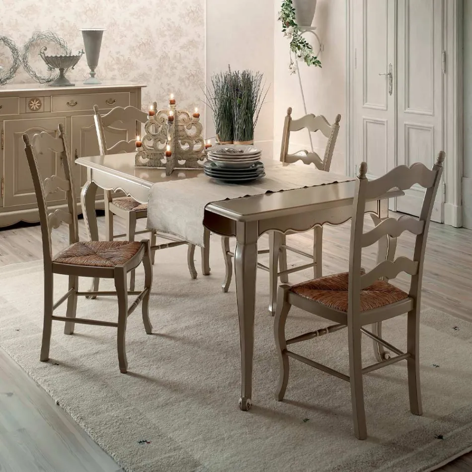 Set van 4 houten stoelen in duifgrijs en stro, gemaakt in Italië - Celestino Viadurini