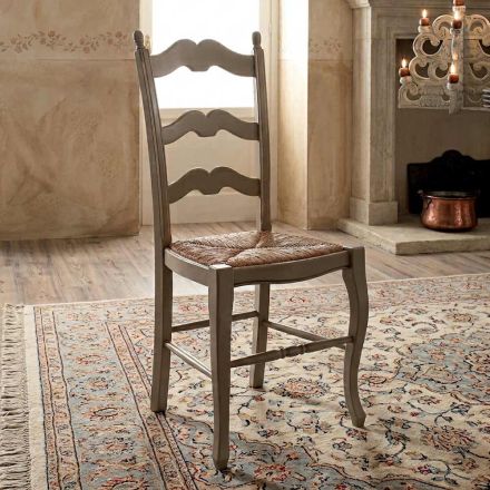 Set van 4 houten stoelen in duifgrijs en stro, gemaakt in Italië - Celestino Viadurini